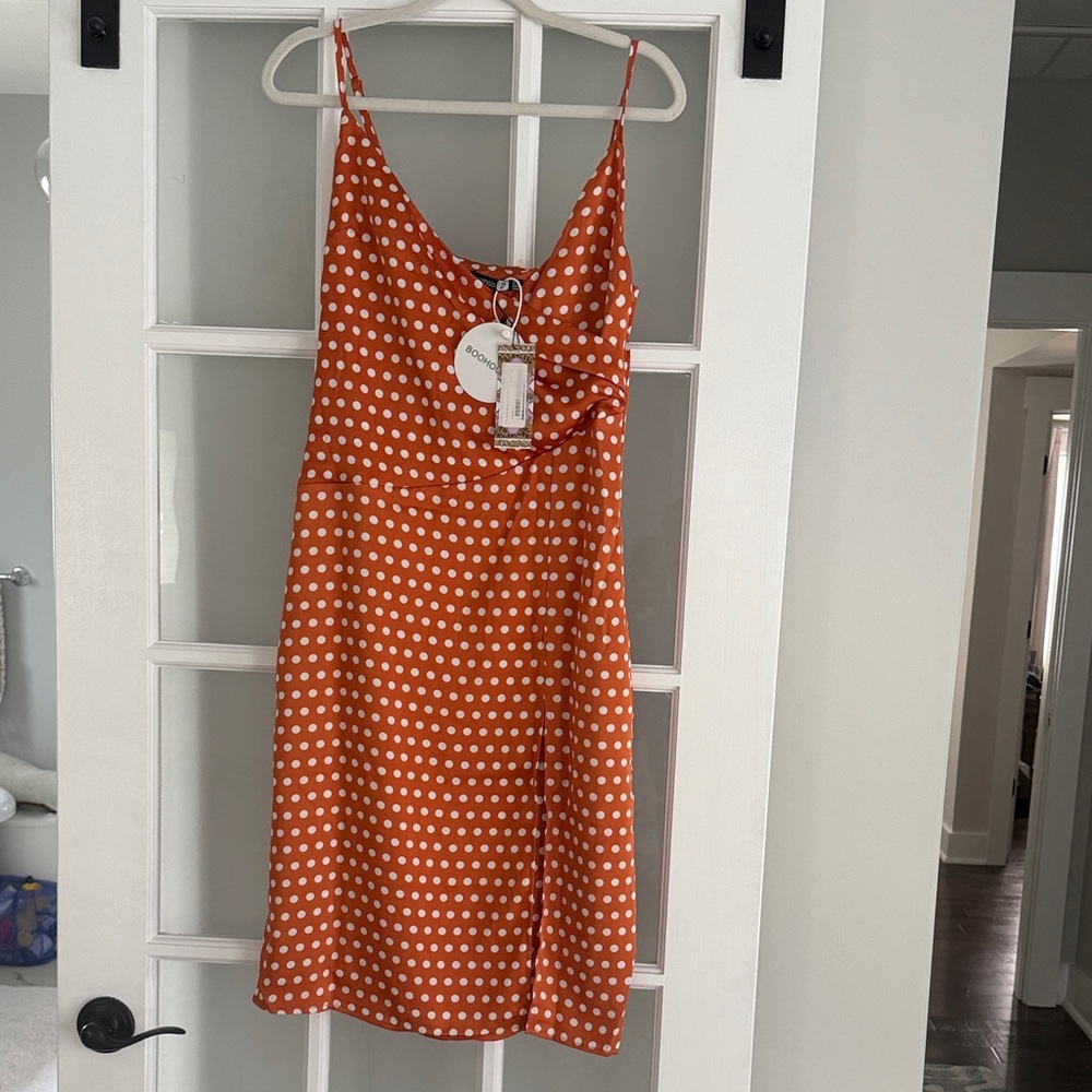 Boohoo Orange Polka Dot Midi Slip Dress